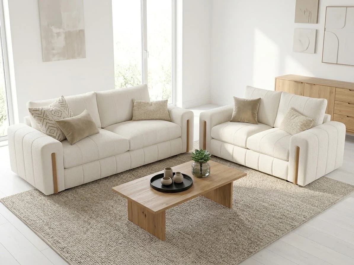 Ivory Bouclé & Wood Accent Sofa Set 2 - Furniture Place Kenya