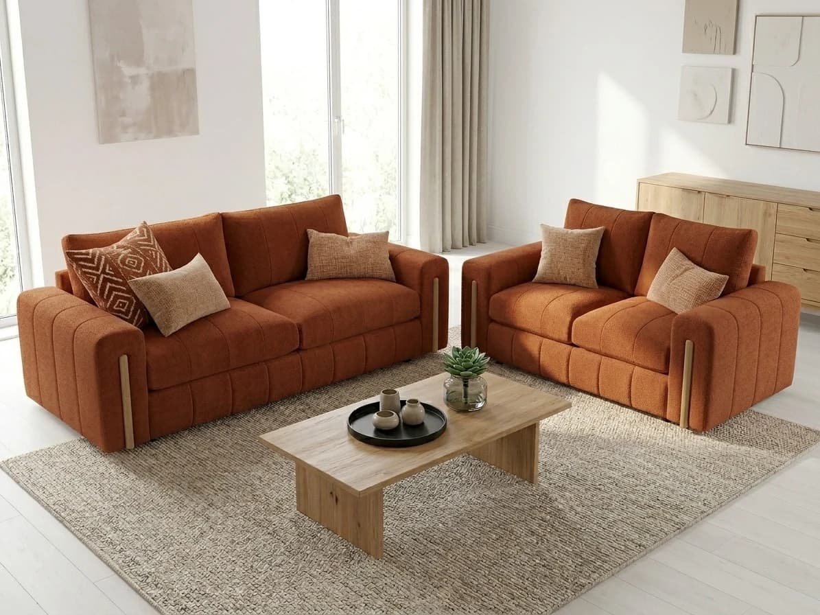 Ivory Bouclé & Wood Accent Sofa Set 3 - Furniture Place Kenya