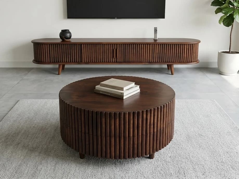Fluted Round Coffee Table & TV Unit Set 1 - Furniture Place Kenya
