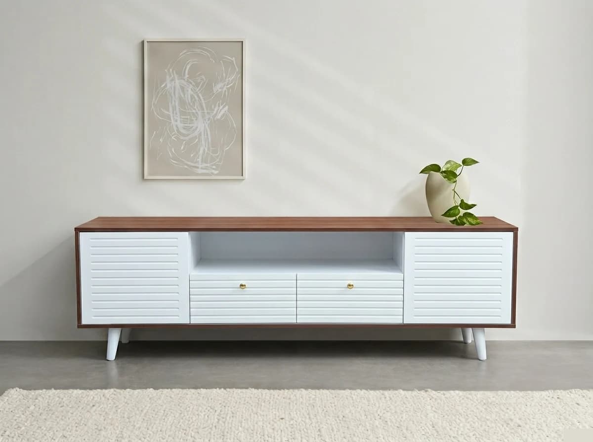 Walnut & White Louvred TV Stand 1 - Furniture Place Kenya